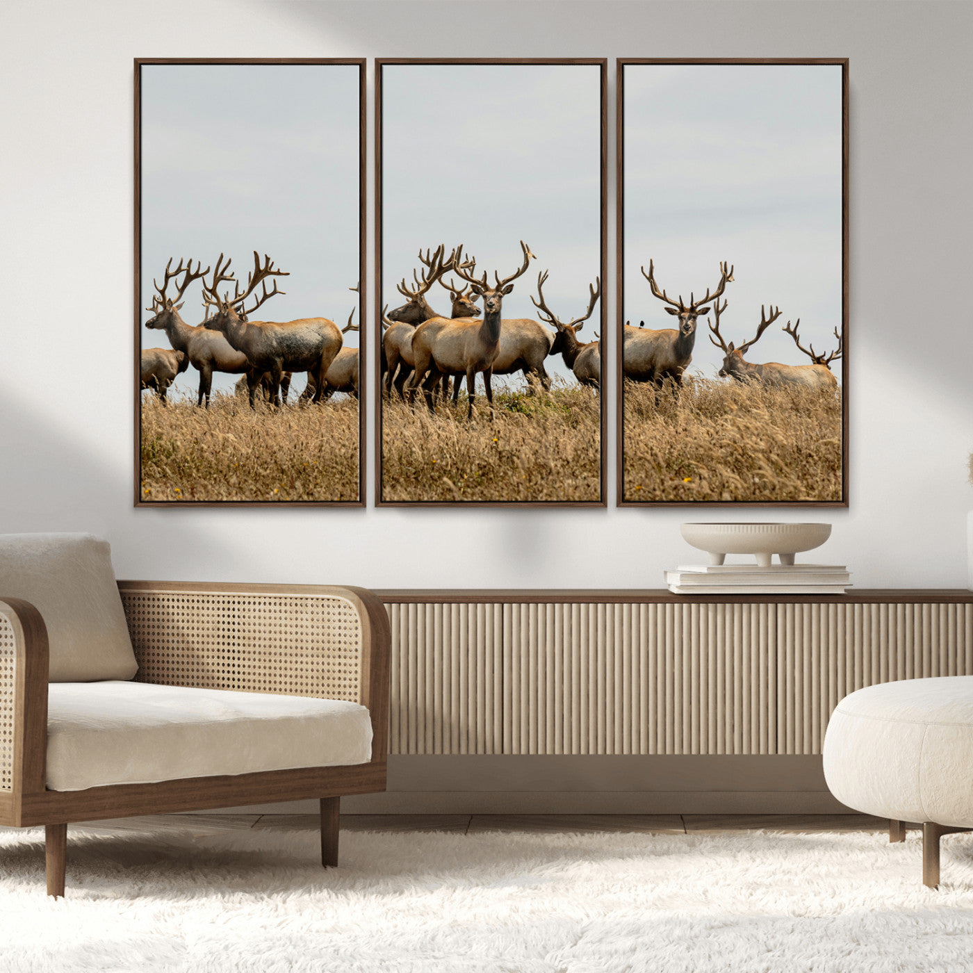 MGV-FC-48X32-3P - Elk Herd Wall Art Canvas Print, Framed Wildlife Photography Art Picture Print, Majestic Antlers Perfect Rustic Wildlife Decor Artwork
