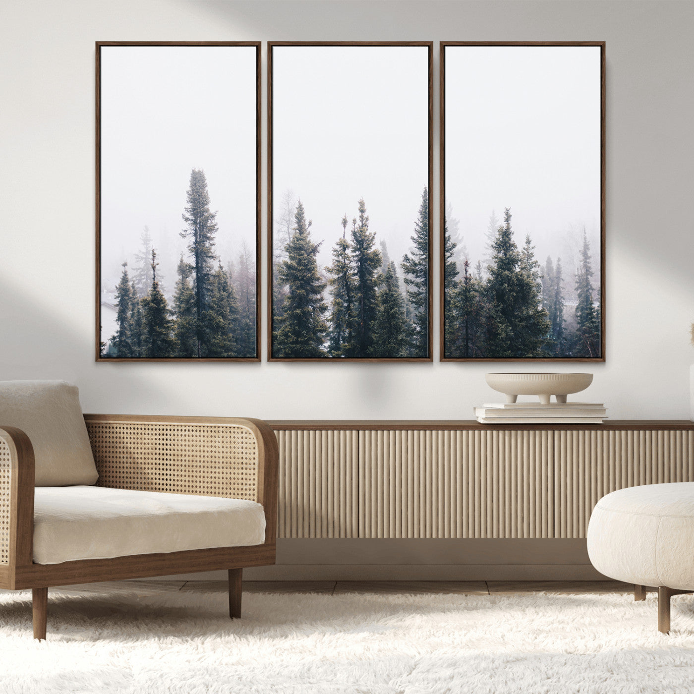 MGV-FC-48X32-3P - Foggy Forest Wall Art Canvas Print, Framed Misty Pines Art Picture Print, Moody Woodland Perfect Scandinavian Minimalist Decor Artwork