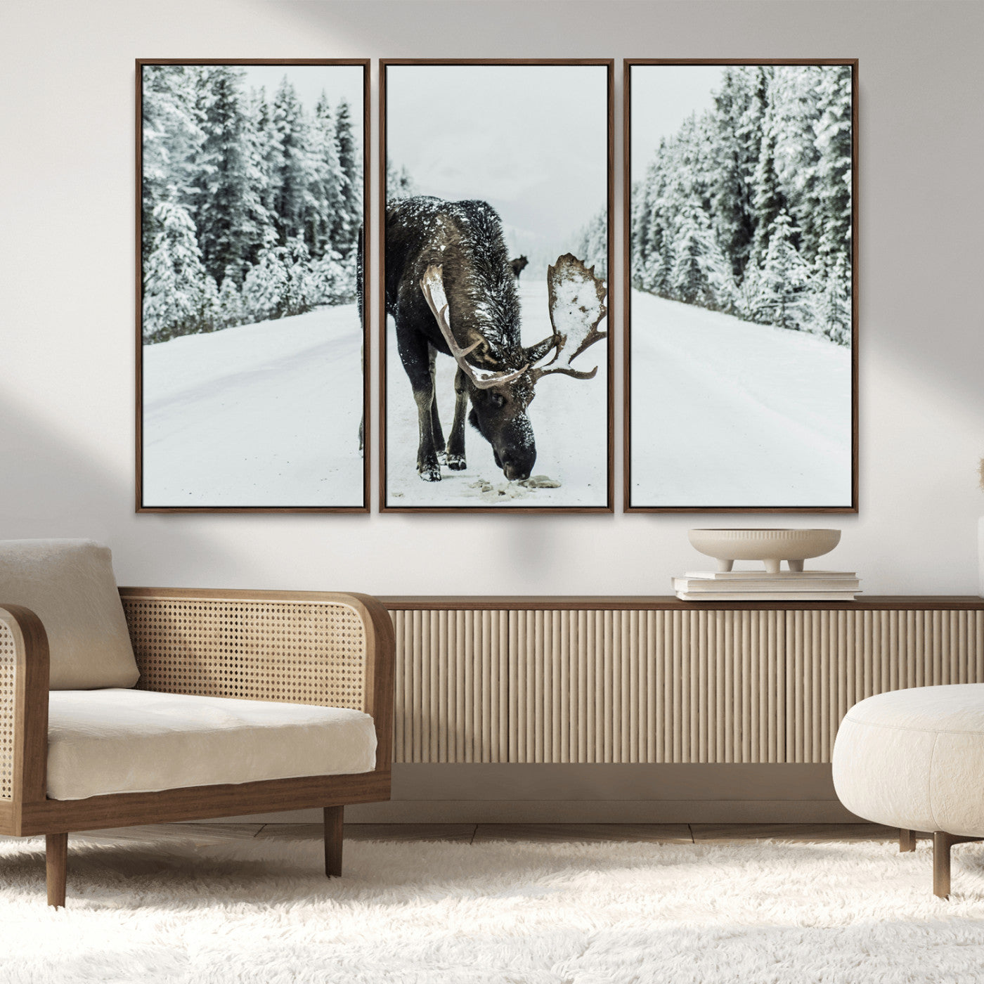 MGV-FC-48X32-3P - Moose in Snow Wall Art Canvas Print, Framed Winter Wildlife Art Picture Print, Snowy Forest Scene Perfect Rustic Lodge Decor Artwork