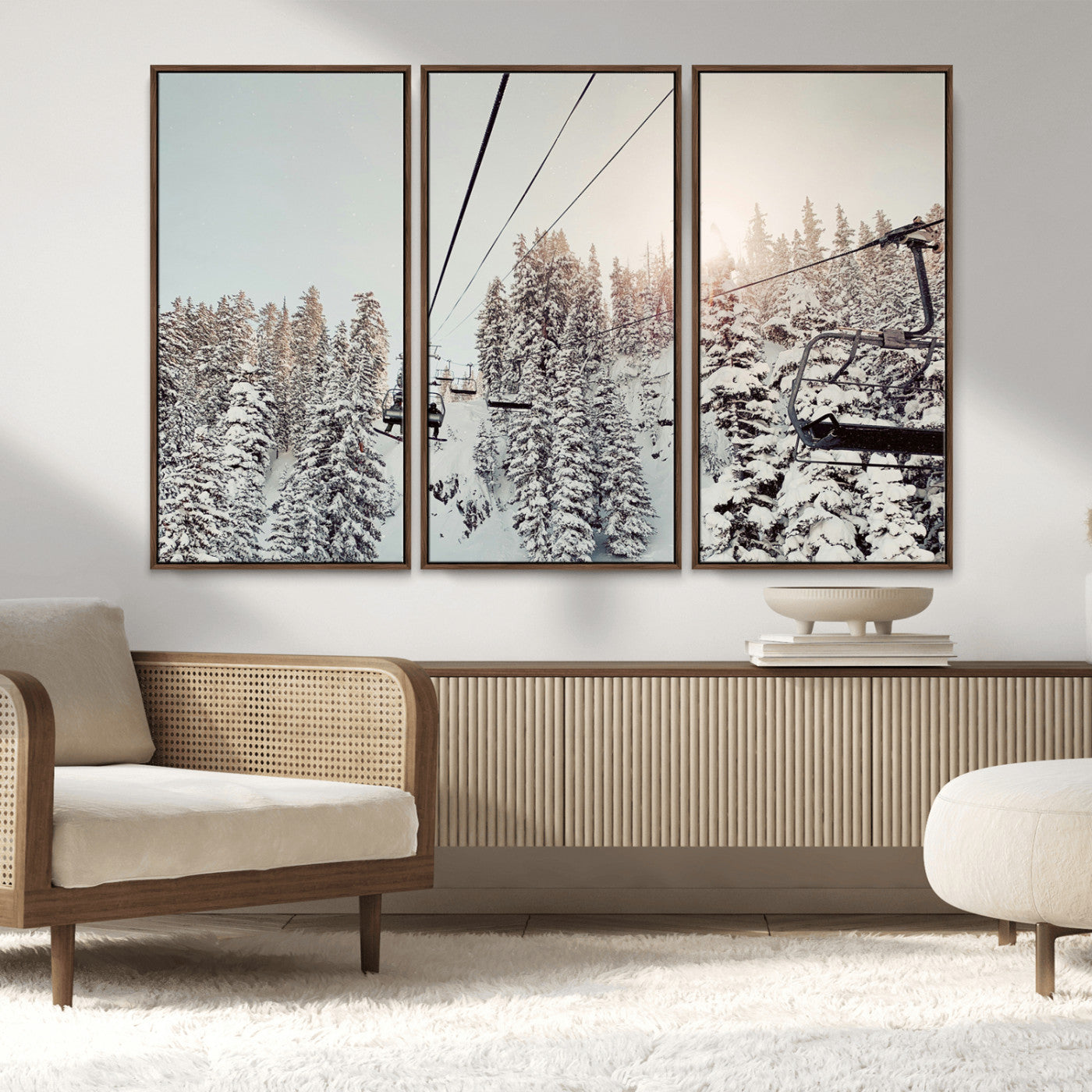 MGV-FC-48X32-3P - Frosty Pines Wall Art Canvas Print, Framed Cozy Cabin View Art Picture Print, Ski Lift Ride Perfect Rustic Lodge Decor Artwork