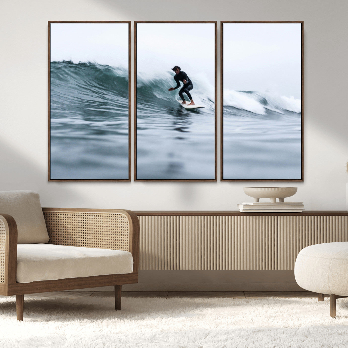 MGV-FC-48X32-3P - Surfer on Wave Wall Art Canvas Print, Framed Ocean Adventure Art Picture Print, Motion Blur Water Perfect Coastal Adventure Decor Artwork
