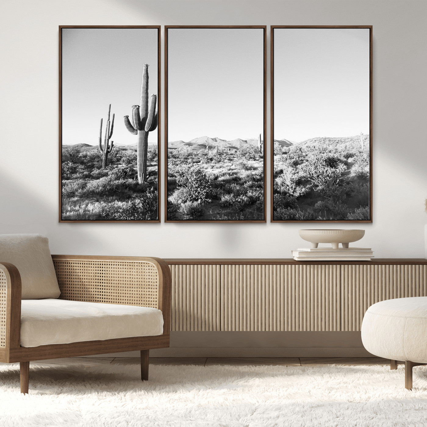 MGV-FC-48X32-3P - Saguaro Cactus Wall Art Canvas Print, Framed Monochrome Landscape Art Picture Print, Scenic Arizona View Perfect Minimalist Western Decor Artwork