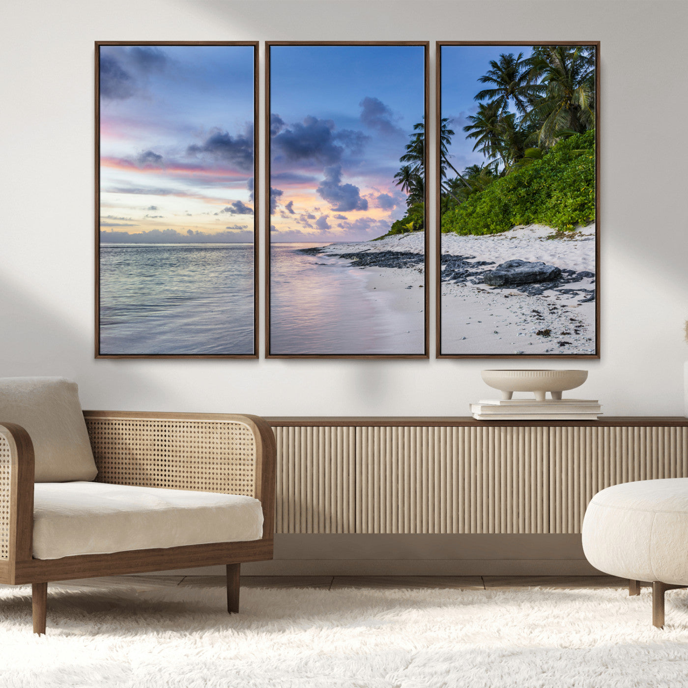 MGV-FC-48X32-3P - Tropical Beach Wall Art Canvas Print, Framed Sunset Glow Art Picture Print, Palm Tree Coast Perfect Tropical Coastal Decor Artwork