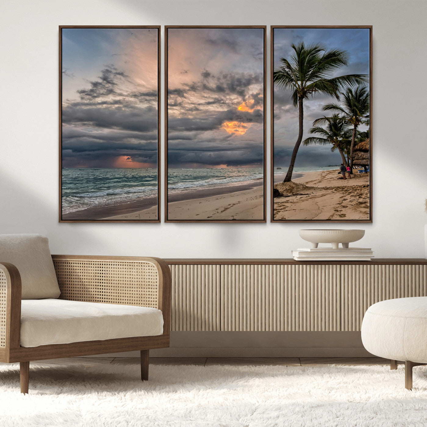 MGV-FC-48X32-3P - Tropical Storm Wall Art Canvas Print, Framed Moody Beach Art Picture Print, Dramatic Sky Perfect Tropical Coastal Decor Artwork