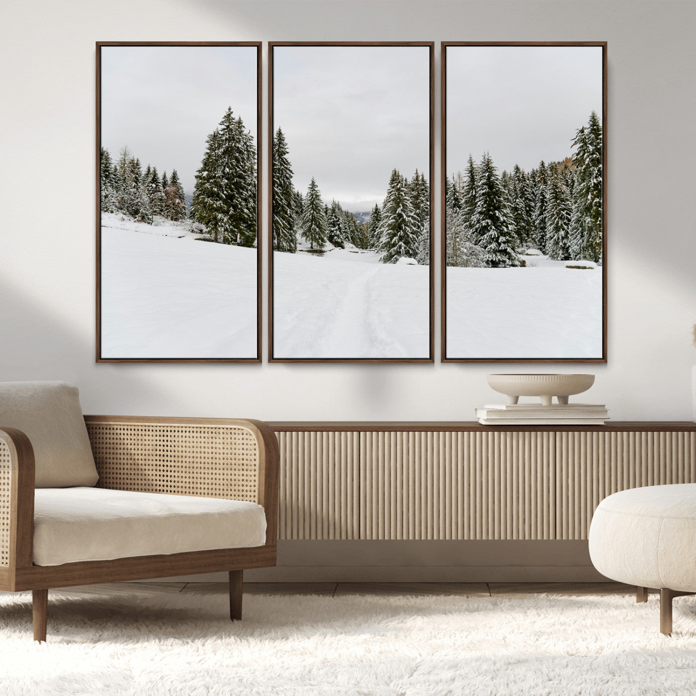 MGV-FC-48X32-3P - Frosty Pines Wall Art Canvas Print, Framed Silent Snowfall Art Picture Print, Cozy Cabin Vibes Perfect Nordic Minimalist Decor Artwork