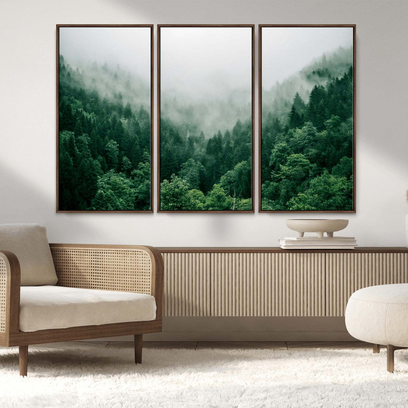 MGV-FC-48X32-3P - Misty Green Forest Canvas Print – Serene Foggy Pine Landscape Wall Art, Tranquil Nature Decor for