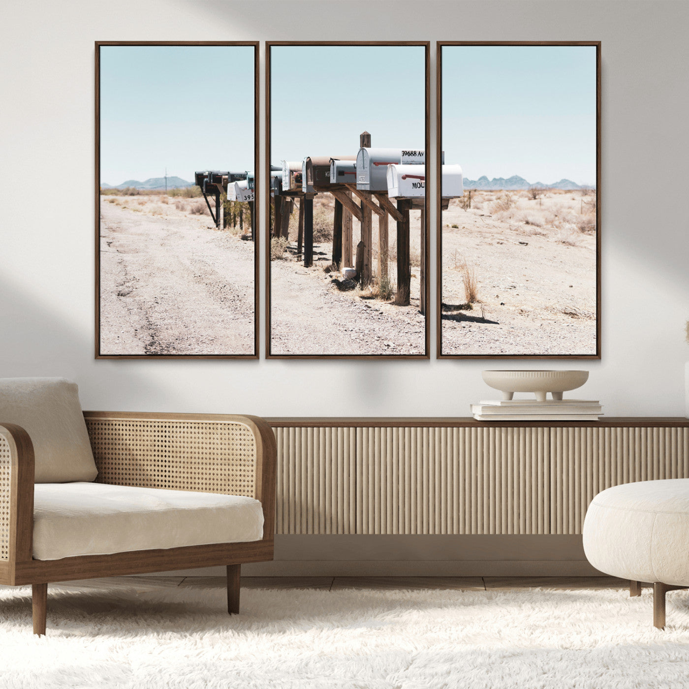 MGV-FC-48X32-3P - Desert Mailboxes Canvas Print – Minimal Western Landscape Photography, Rustic Americana Wall Art for