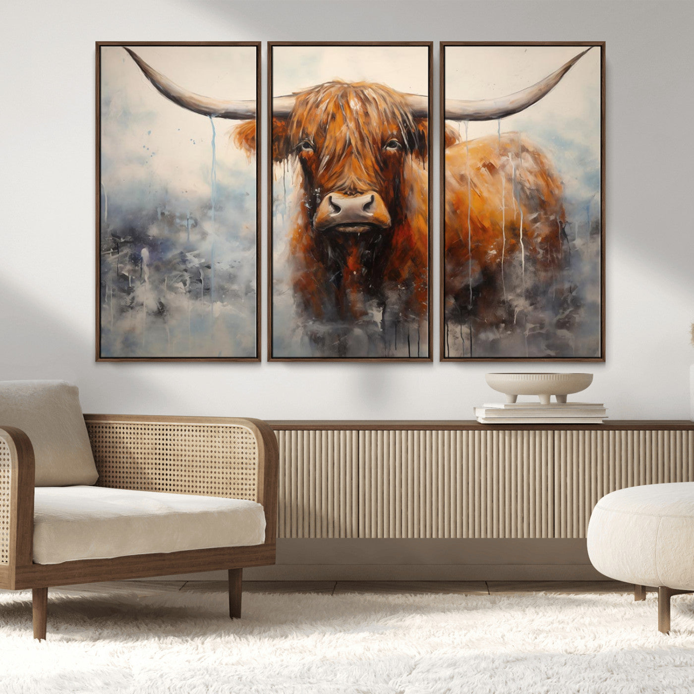 MGV-FC-48X32-3P - Scottish Highland Wall Art Canvas Print, Framed Longhorn Art Picture Print, Western Cow Perfect Farmhouse Decor Artwork