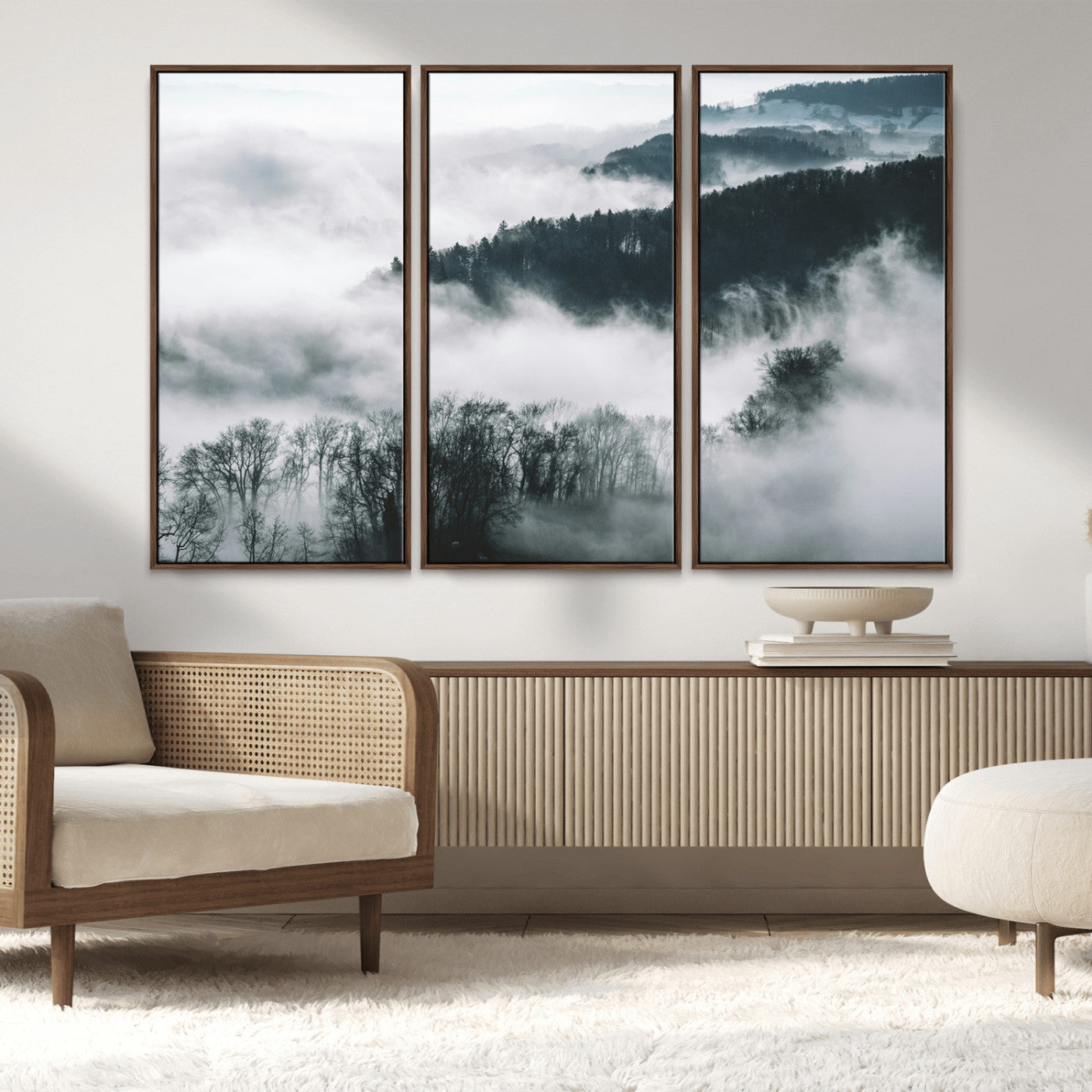 67569654-MGV-CV-36X24-Foggy Forest Landscape Wall Art Canvas Print – Misty Mountain Valley Scene in Monochrome Tones, Perfect for Minimalist or Nordic Home Decor