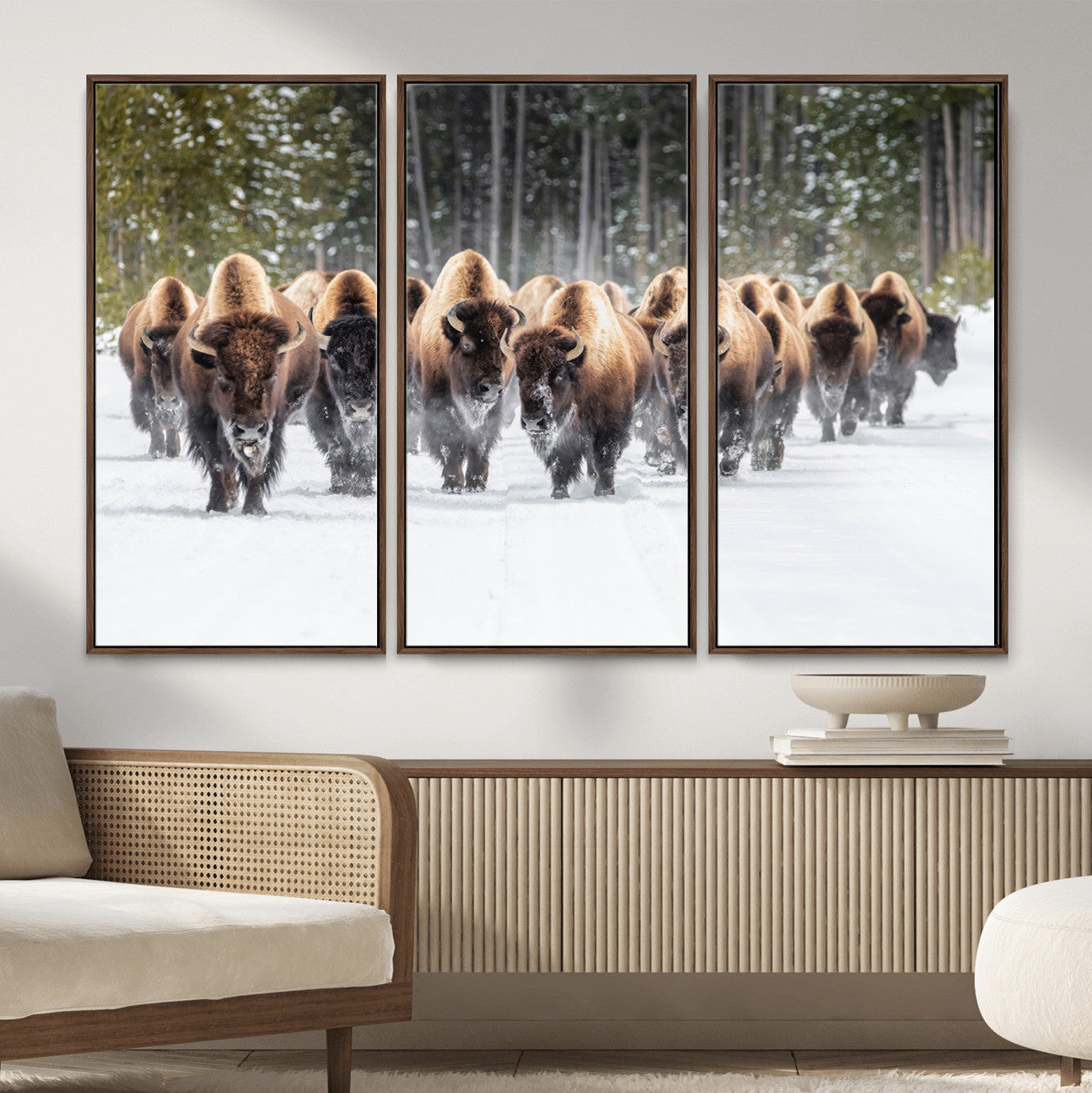 96906195-MGV-FC-48X32-3P - American Bison Herd Snow Canvas Wall Art – Powerful Winter Wildlife Print of Buffalo Motion, Rustic Lodge or Western Cabin Decor for Living Room, Office