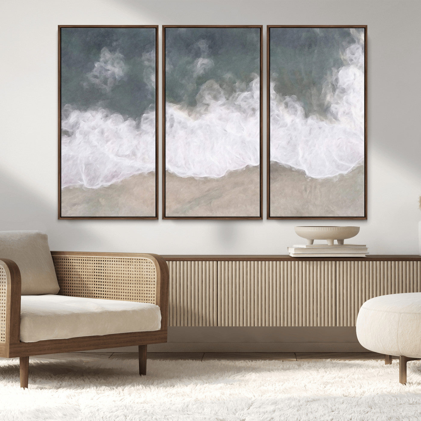 Wall art canvas print featuring foamy ocean waves softly rolling onto a sandy shore with a dreamy, painterly texture.