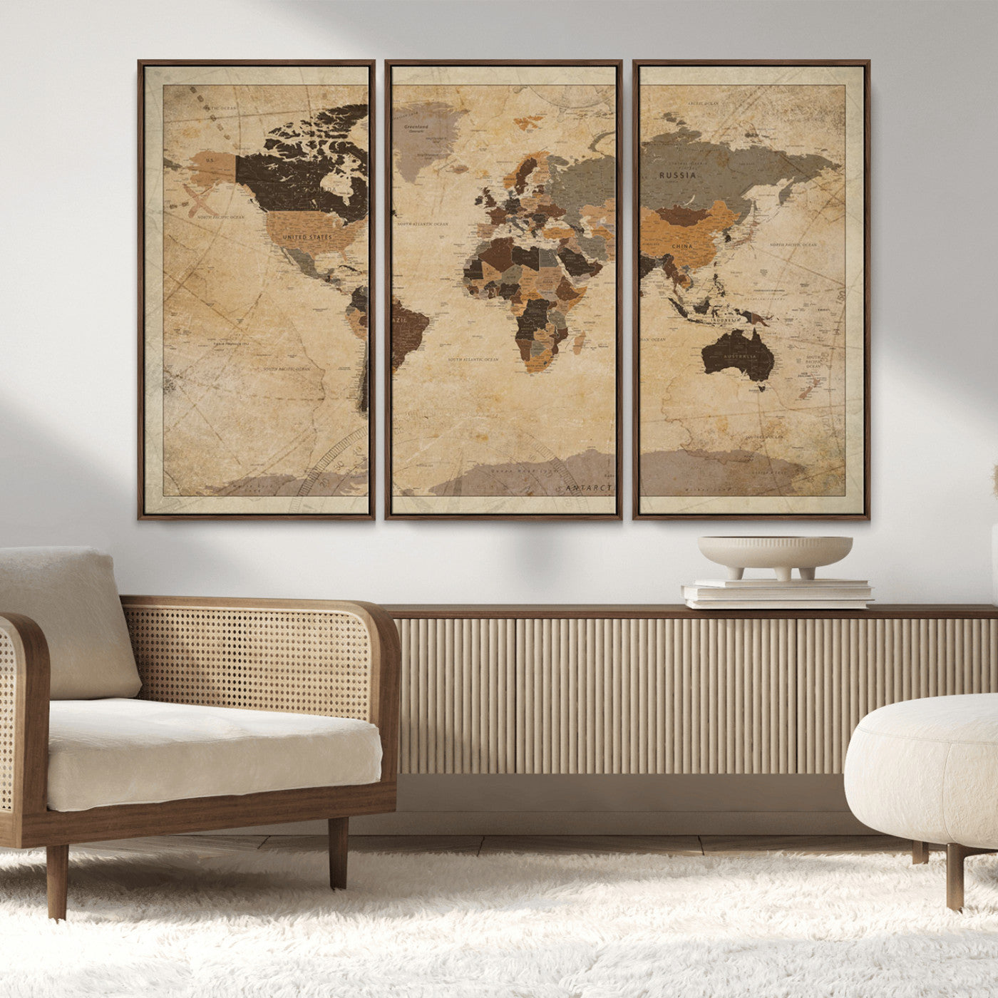 Vintage-style world map with muted brown, beige, and sepia tones, showing countries and continents with a weathered paper texture background.