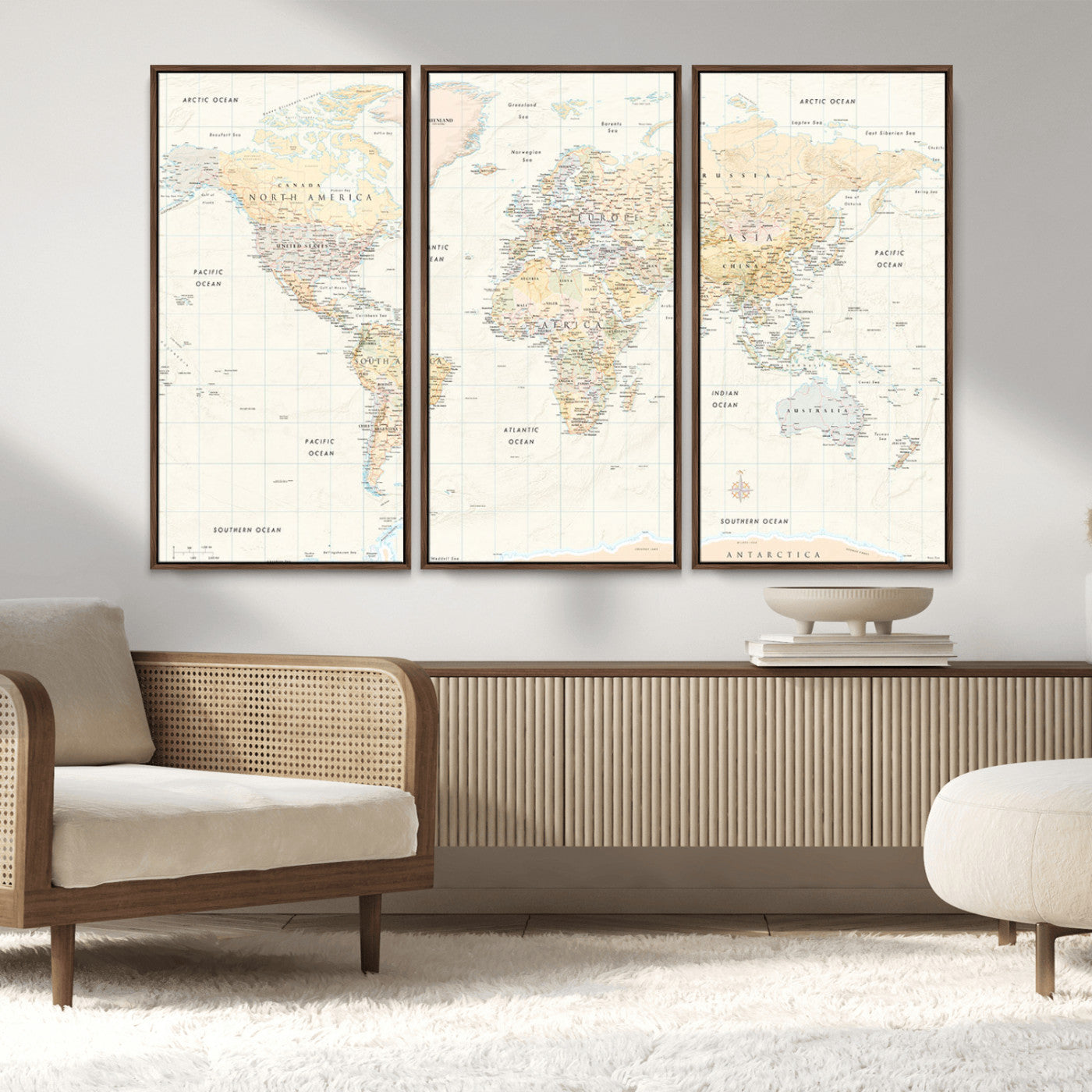 An antique-style world map showing continents, countries, and oceans with soft beige tones, detailed borders, and classic typography, enhanced by a subtle grid overlay and a vintage compass rose.