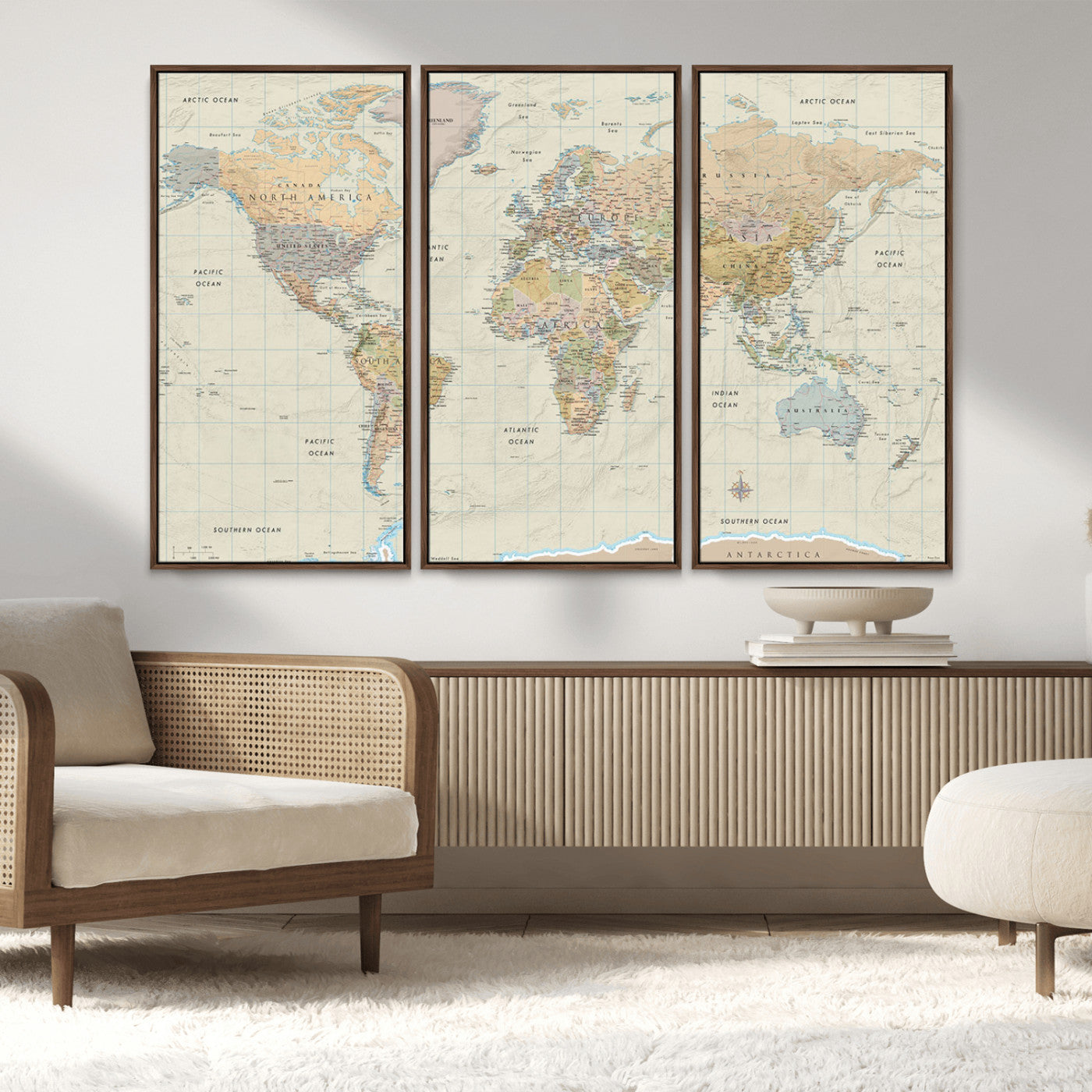 A detailed vintage-style political world map displaying continents, countries, and oceans with clear borders and labels, set on a beige textured background with grid lines.