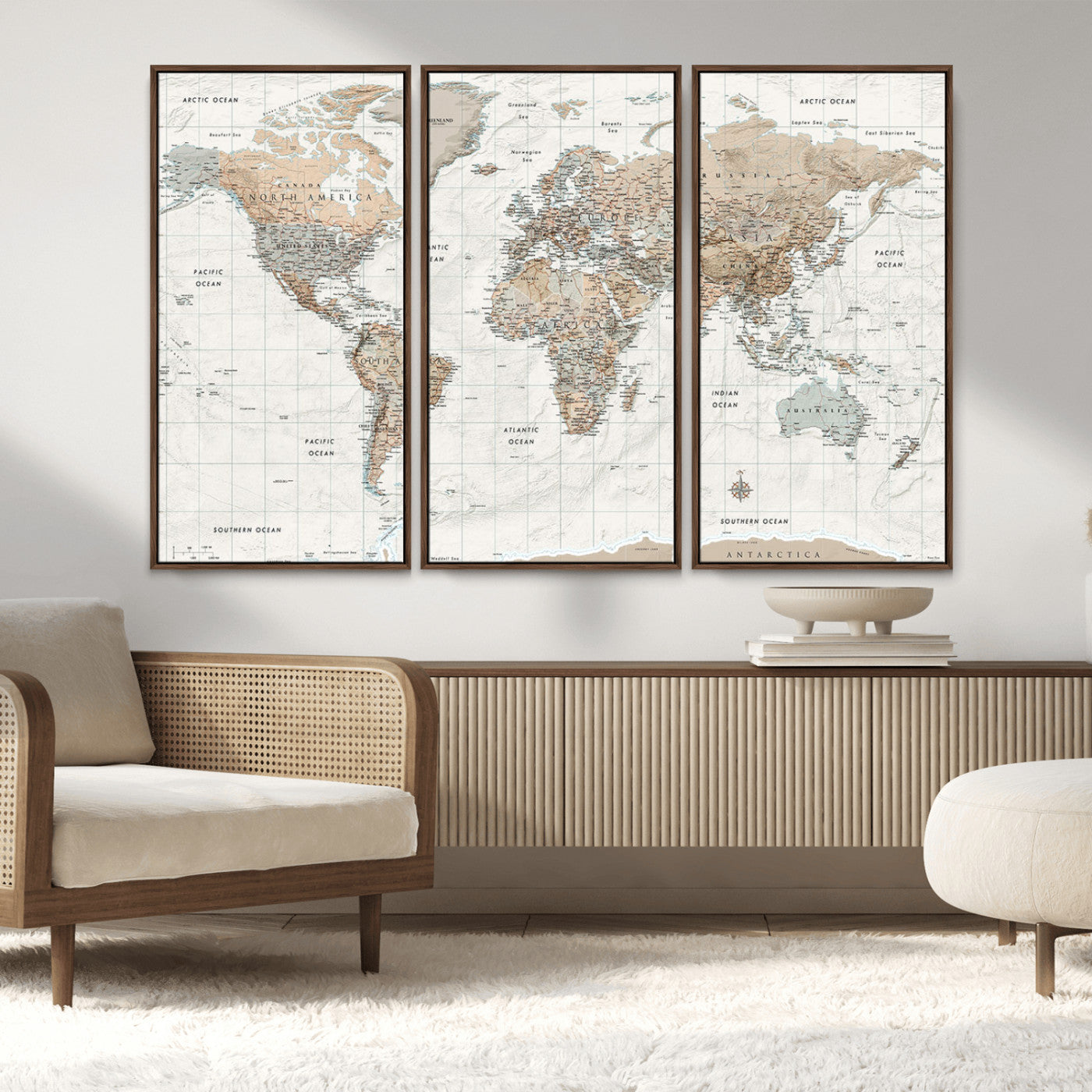 Vintage world map with detailed country borders and labels, featuring soft earthy tones of beige, brown, and gray on a textured parchment background, including oceans, continents, and major cities.