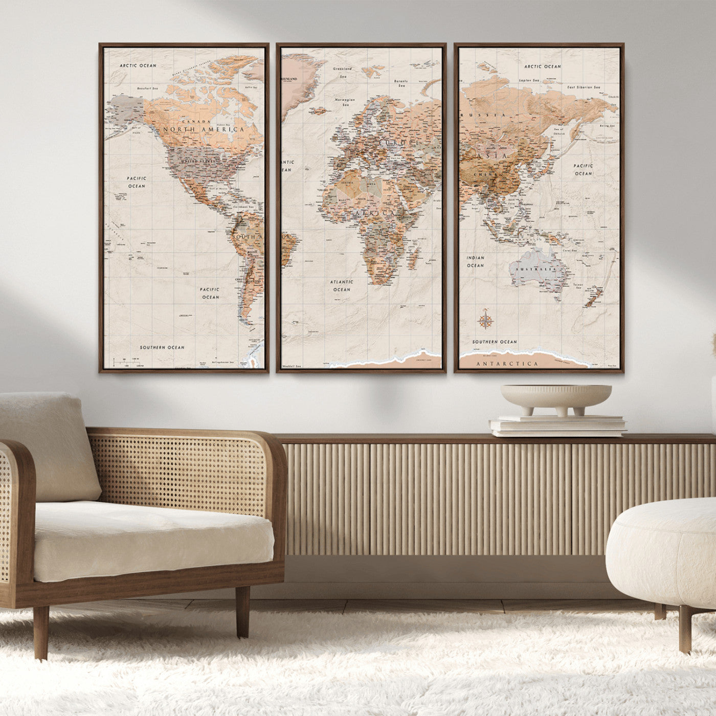 Detailed vintage world map with warm earth tones showing country borders, oceans, continents, and major cities, styled with a textured parchment background.
