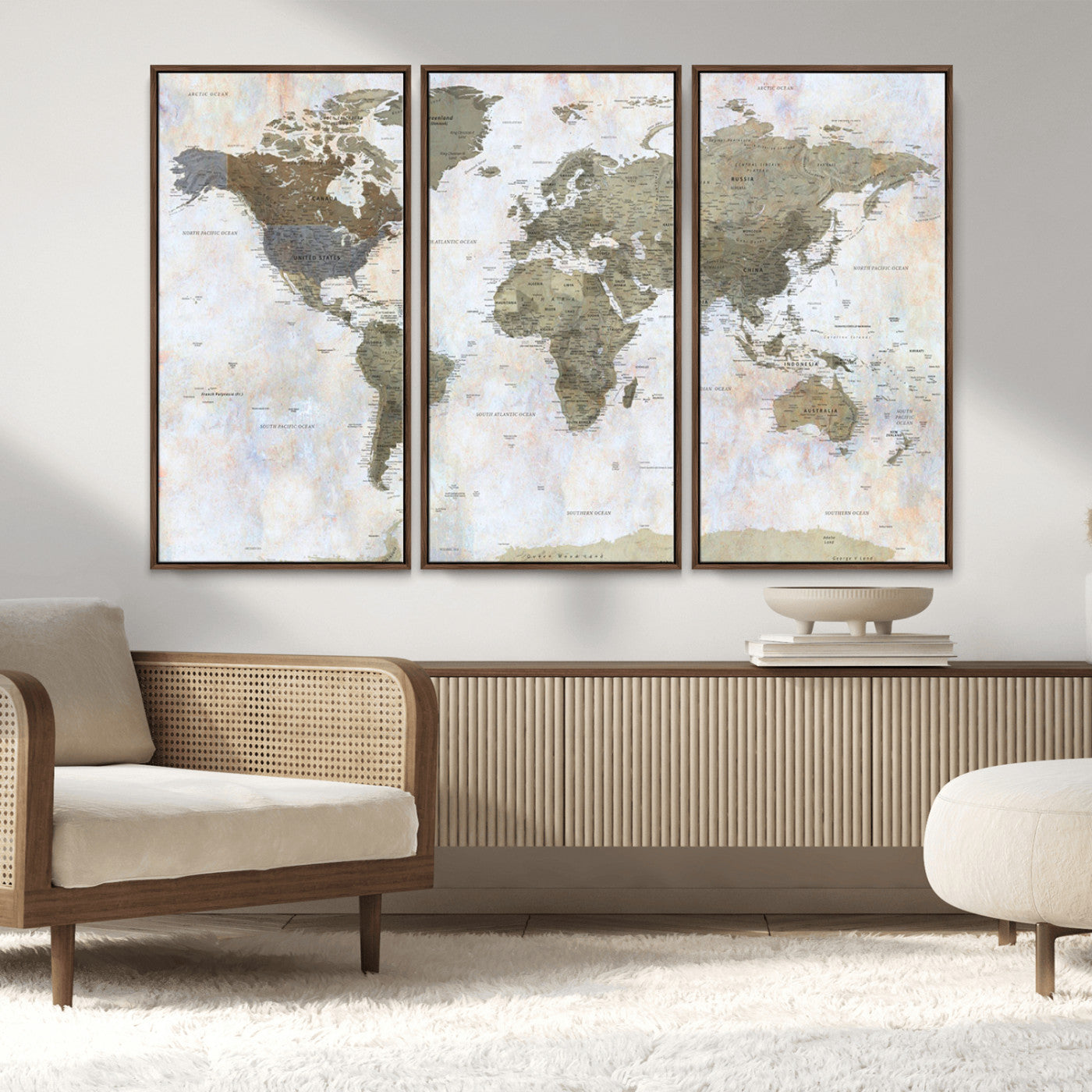 World map printed on a textured canvas with soft muted earth tones and a weathered background, showing detailed countries and continents, perfect for vintage-style wall art.