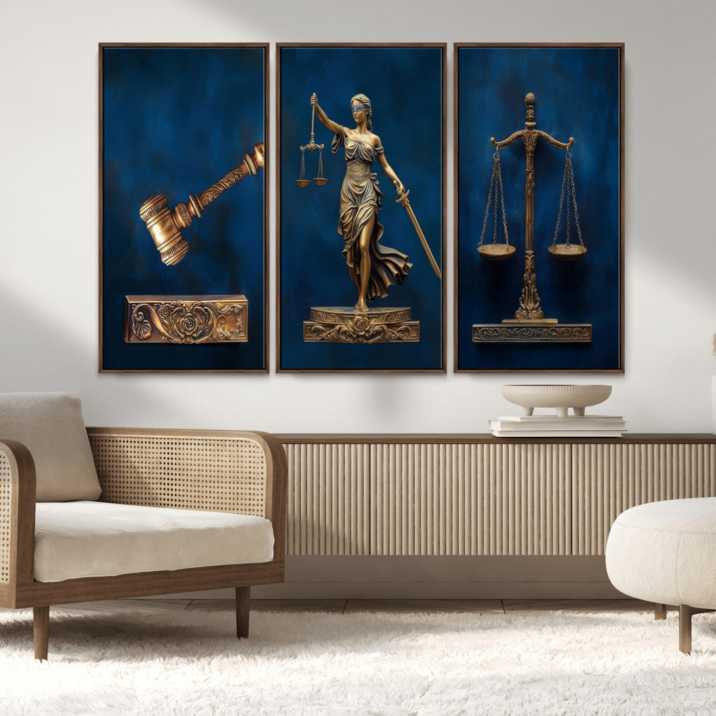 MGV-FC-48X32-3P - Lady Justice Wall Art Canvas Print – Elegant Gold Legal Symbols on Blue Background, Perfect for Law