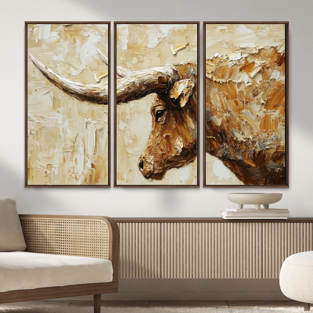 69611428-MGV-CV-36X24 - Rustic Longhorn Bull Wall Art Canvas Print – Vintage Western Cattle Painting, Texas Abstract Wall Cow Prints