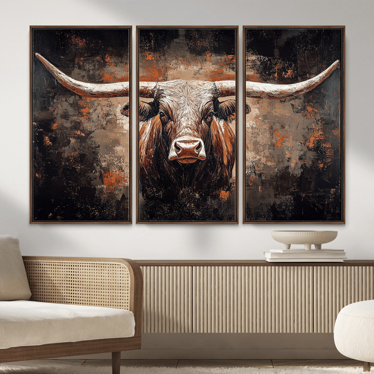 24779067-MGV-CV-36X24 - Rustic Longhorn Bull Wall Art Canvas Print – Vintage Western Cattle Painting, Texas Steer Artwork