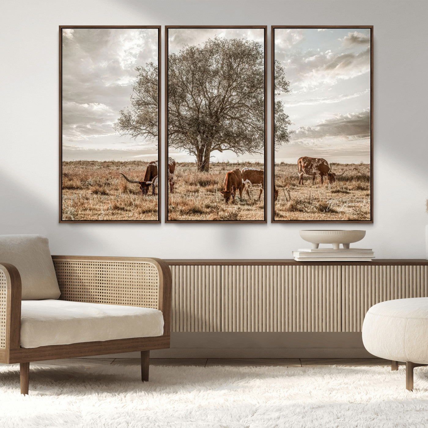 Texas Longhorn Cattle Wall Art Canvas Print – Rustic Western Ranch Scene with Steers at Sunset, Perfect for Farmhouse or Cowboy Decor