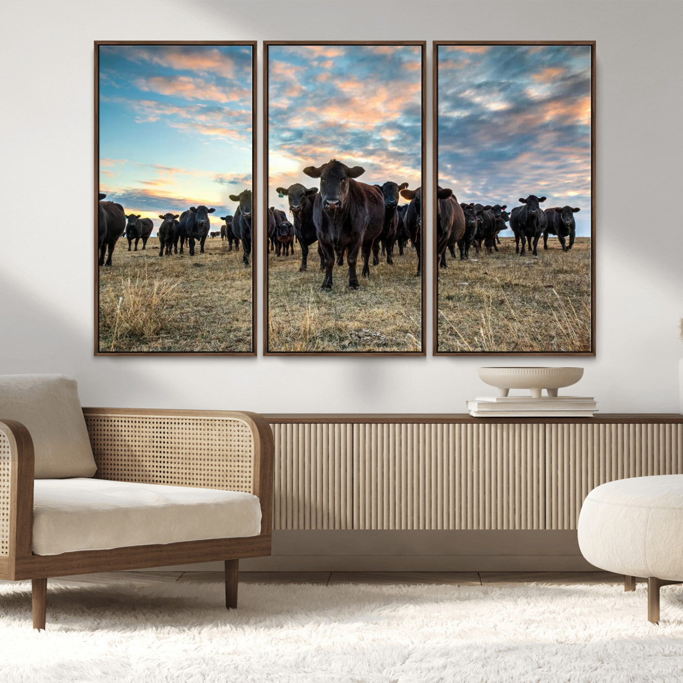 13867292-MGV-CV-36X24-Texas Longhorn Cattle Wall Art Canvas Print – Rustic Western Ranch Scene with Steers at Sunset, Perfect for Farmhouse or Cowboy Decor