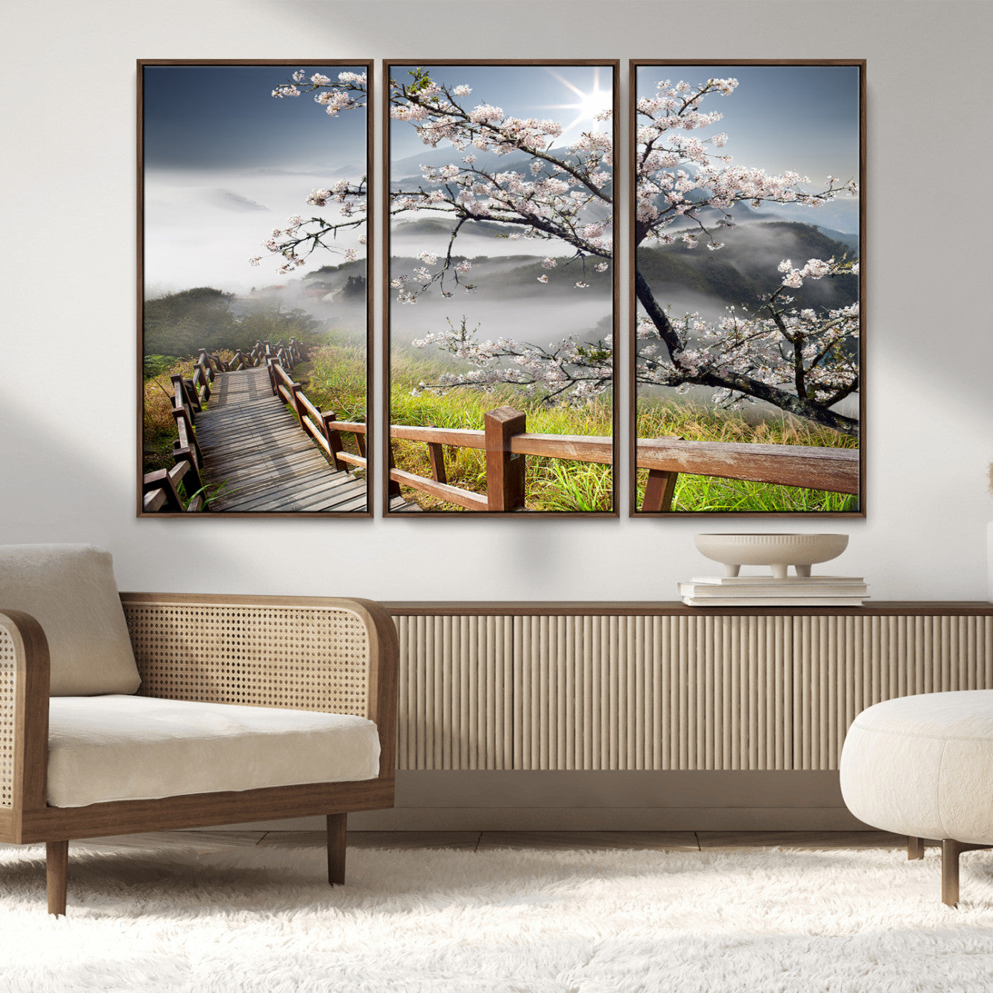 MGV-FC-48X32-3P - Sakura Cherry Blossom Pathway Canvas Wall Art – Tranquil Walk Through Blossoming Nature – Ready to