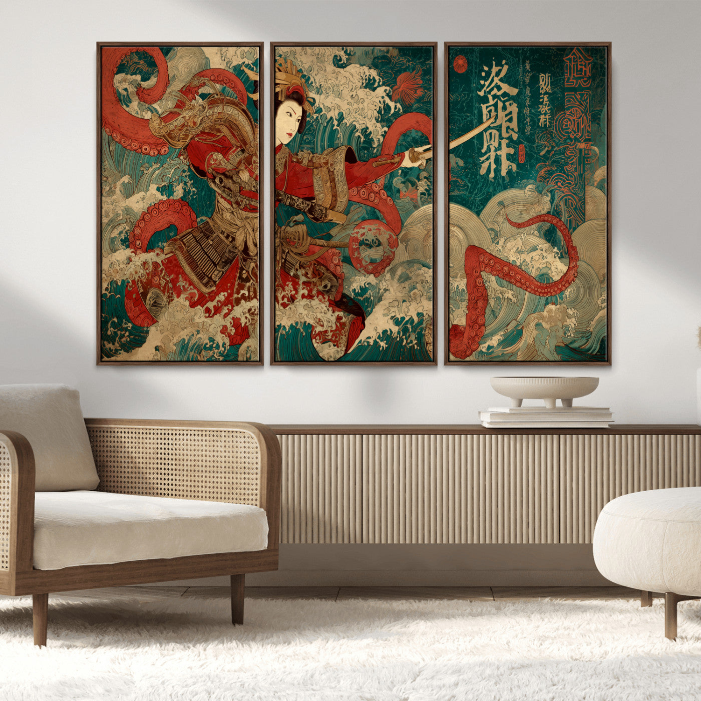 MGV-FC-48X32-3P - Tsukioka Yoshitoshi Samurai Wall Art Print, Japanese Katana Warrior Canvas Wall Art, Octopus Sea Monster Canvas Print,