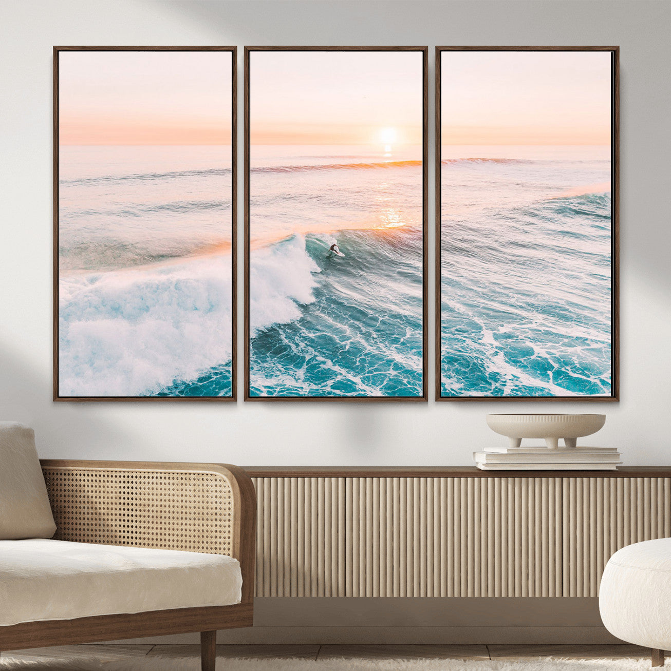 34064591-MGV-CV-36X24 - Sunset Surfing Wall Art Canvas Print, Ocean Wave Surfer with Golden Sky Artwork for Home, Office, Living Room