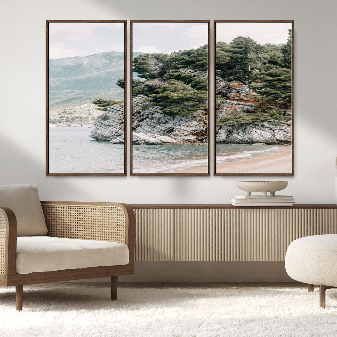 MGV-FC-48X32-3P - Coastal Rock Canvas Wall Art Print, Scenic Beach Landscape, Pine Trees on Rocky Cliff, Large Nature