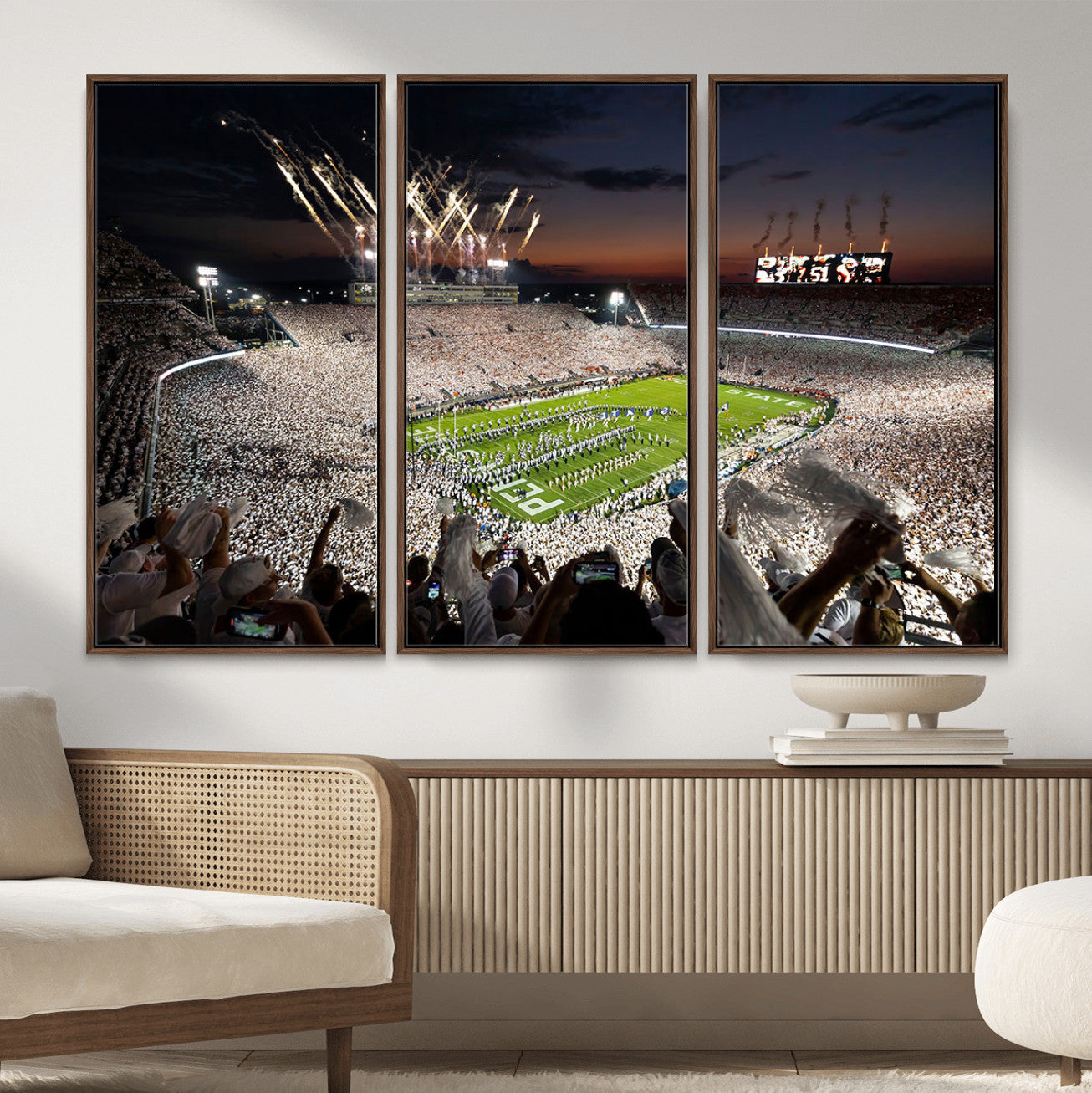 11221988-MGV-FC-48X32-3P - Epic Night Football Stadium Wall Art Canvas Print, Fireworks and Crowd Energy Game Day Excitement Decor for Home, Office