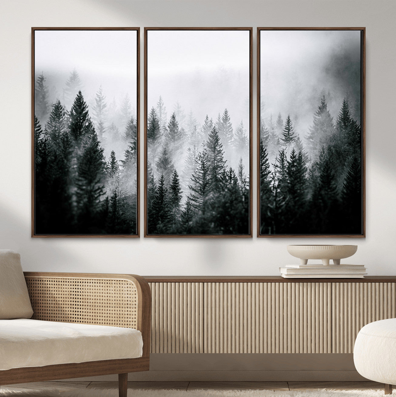 87750525-MGV-CV-36X24-Foggy Pine Forest Wall Art – Black White Nature Landscape Canvas Artwork, Misty Trees Design, Modern Decor for Home, Office