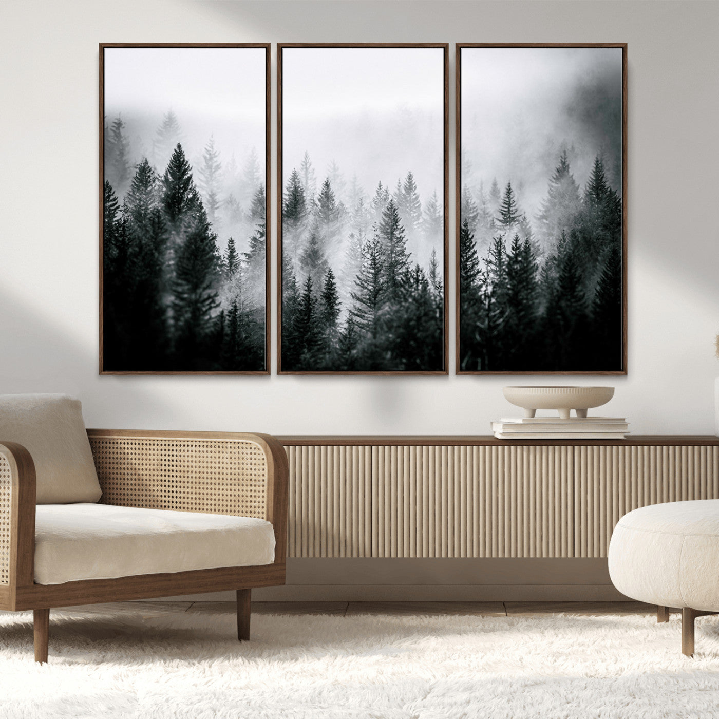 MGV-FC-48X32-3P - Foggy Pine Forest Canvas Wall Art – Black and White Nature Landscape Print, Horizontal Canvas for