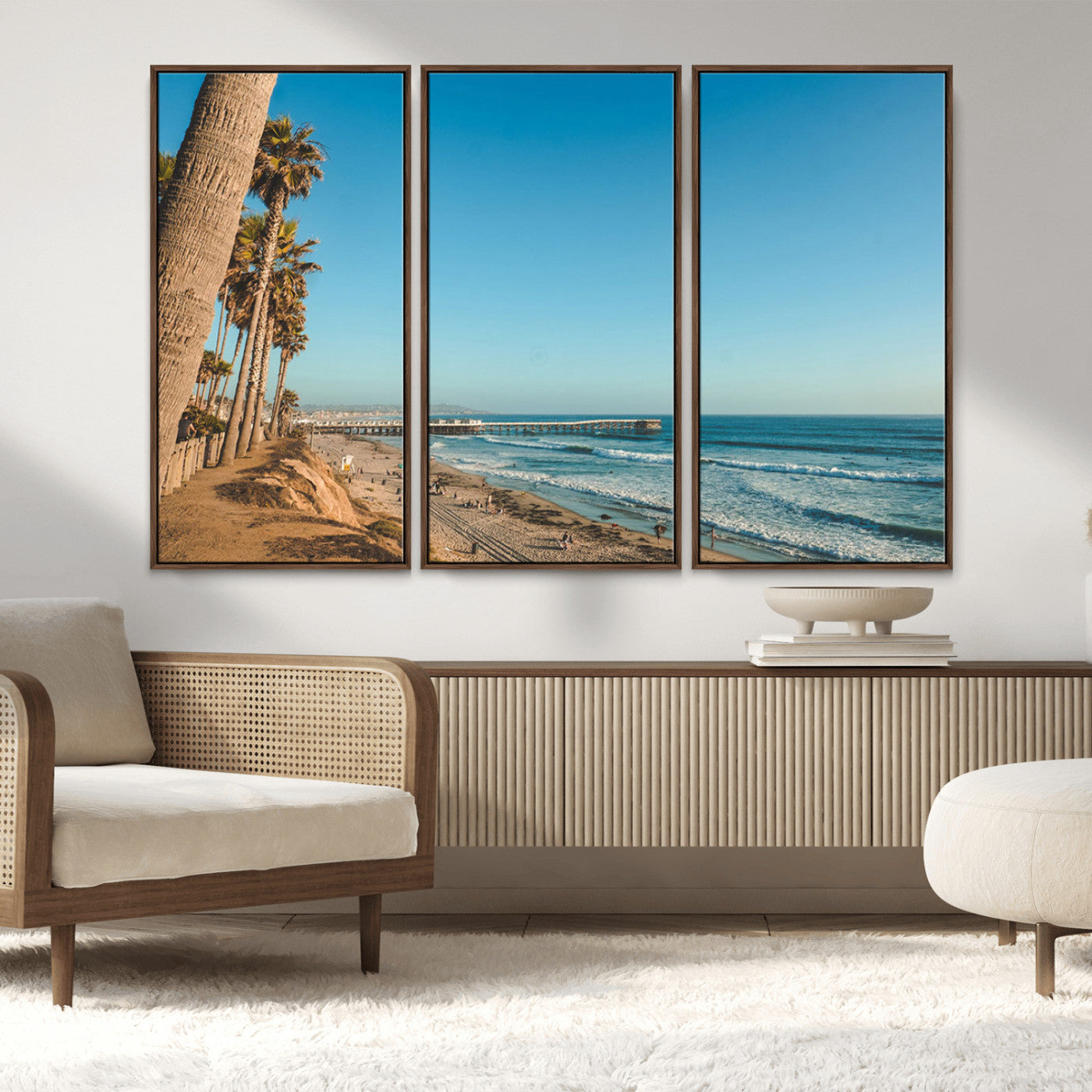 MGV-FC-48X32-3P - Scenic Beach with Tall Palm Trees, Sandy Shore, and Long Pier Stretching into the Calm Ocean Under