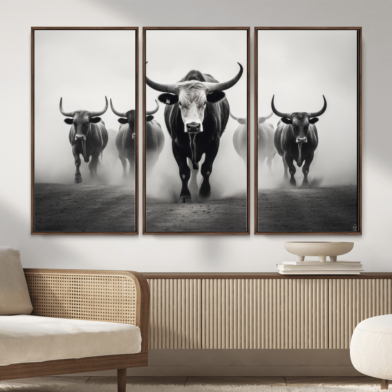 N34534C-MGV-FC-48X32-3P - Texas Bighorn Cow Hern Wall Art Canvas Print, Longhorn Cow Large Wall Art
