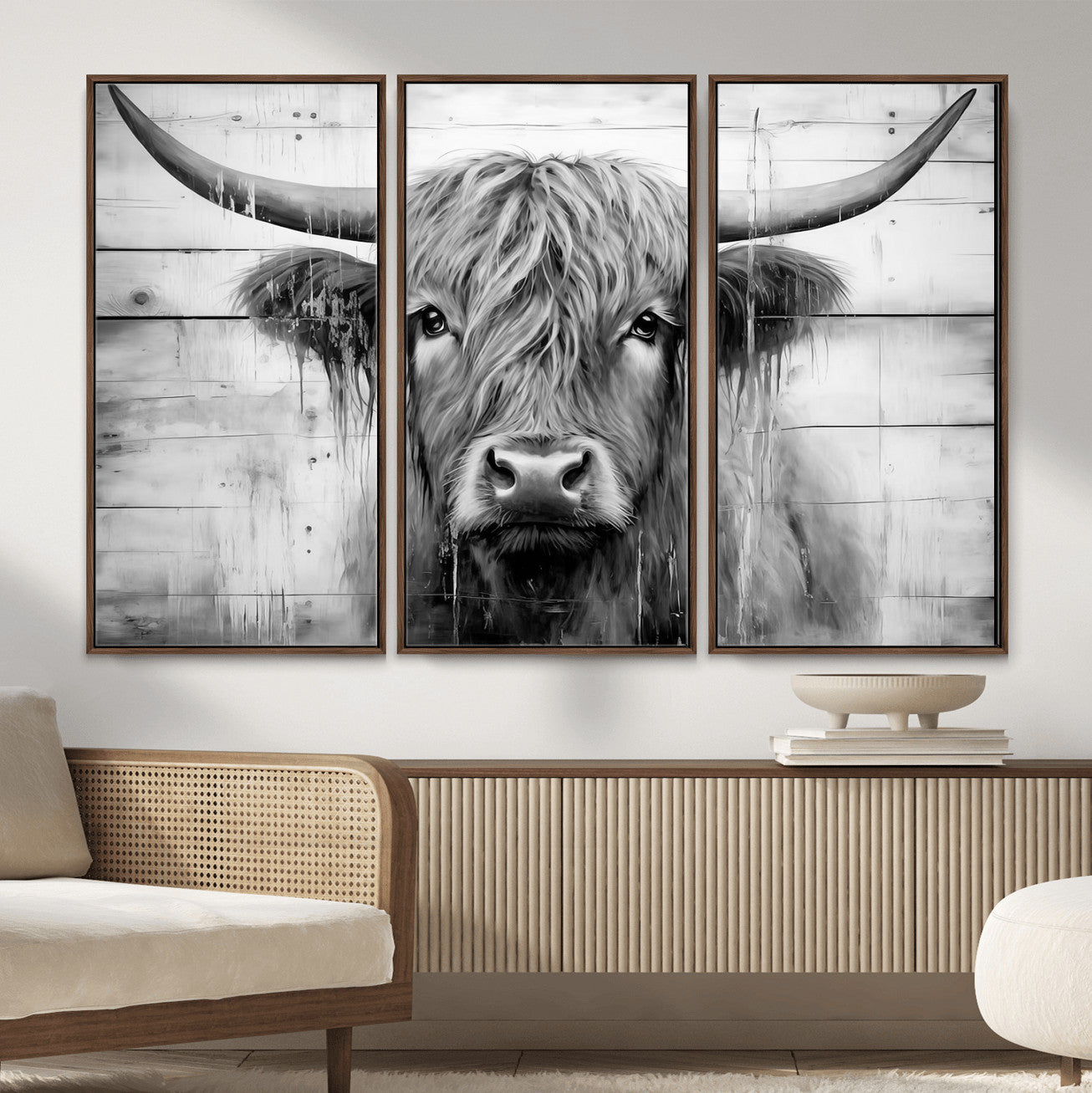 1001HASAN27-MGV-FC-48X32-3P - Black White Highland Cow Wall Art Canvas Print