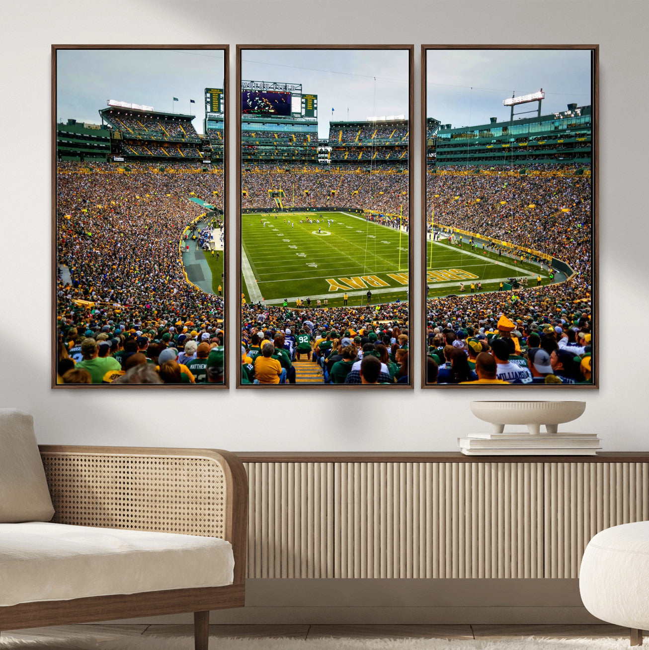 GBP101-MGV-FC-48X32-3P - Green Bay Packers Lambeau Field Stadium Wall Art Canvas Print, Iconic NFL Football Stadium Artwork, Wisconsin Sports Home Decor