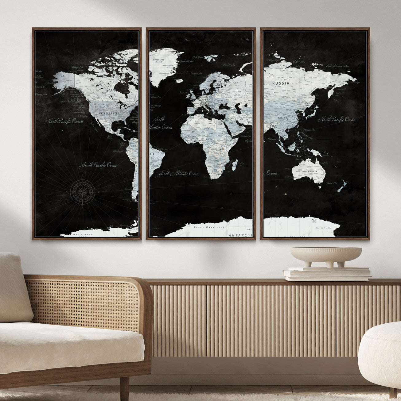 30759283-MGV-FC-48X32-3P - World Map Wall Art Canvas Print, Modern Decorative Framed Map Artwork Prints for Living Room, Office, Bedroom Wall Decor