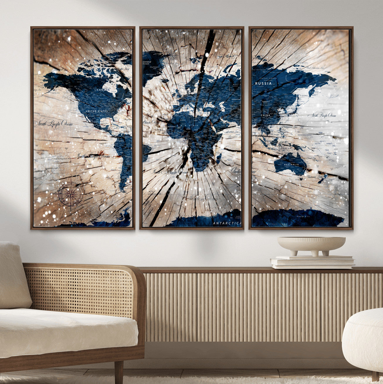 99001695-MGV-FC-48X32-3P - World Map Wall Art Canvas Print, Modern Decorative Framed Map Artwork Prints for Living Room, Office, Bedroom Wall Decor