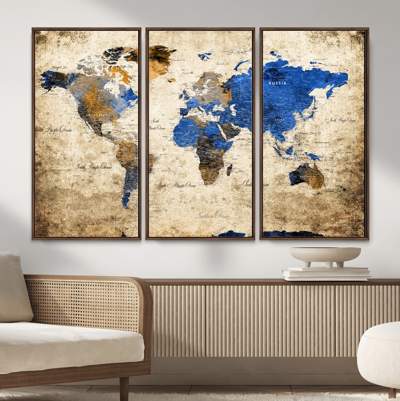 13564339-MGV-FC-48X32-3P - World Map Wall Art Canvas Print, Modern Decorative Framed Map Artwork Prints for Living Room, Office, Bedroom Wall Decor