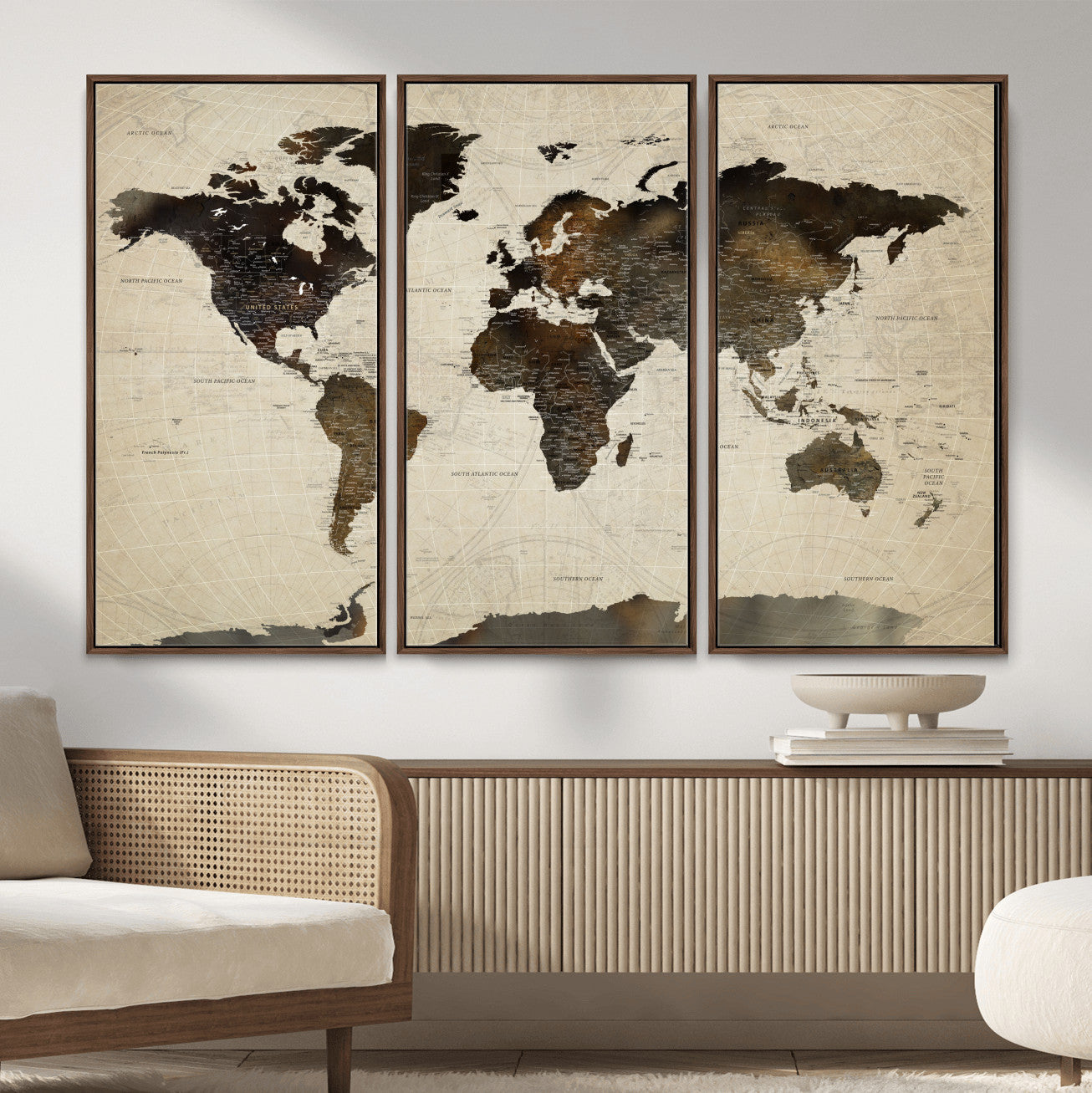 81771296-MGV-FC-48X32-3P - World Map Wall Art Canvas Print, Modern Decorative Framed Map Artwork Prints for Living Room, Office, Bedroom Wall Decor