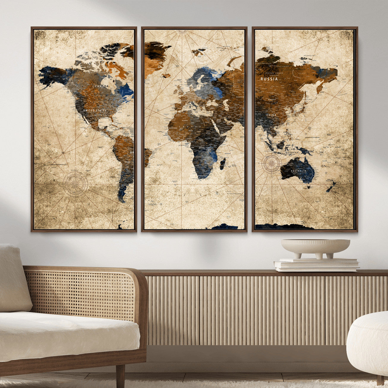 56297284-MGV-FC-48X32-3P - World Map Wall Art Canvas Print, Modern Decorative Framed Map Artwork Prints for Living Room, Office, Bedroom Wall Decor