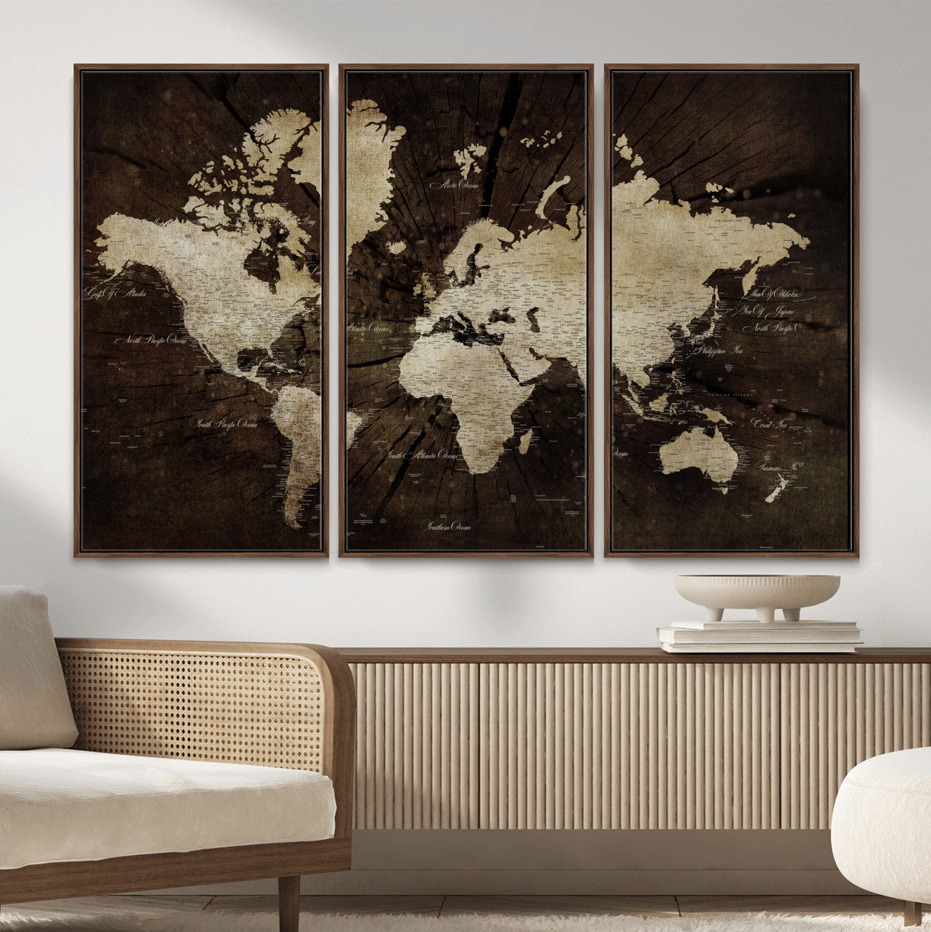 24010397-MGV-FC-48X32-3P - World Map Wall Art Canvas Print, Modern Decorative Framed Map Artwork Prints for Living Room, Office, Bedroom Wall Decor