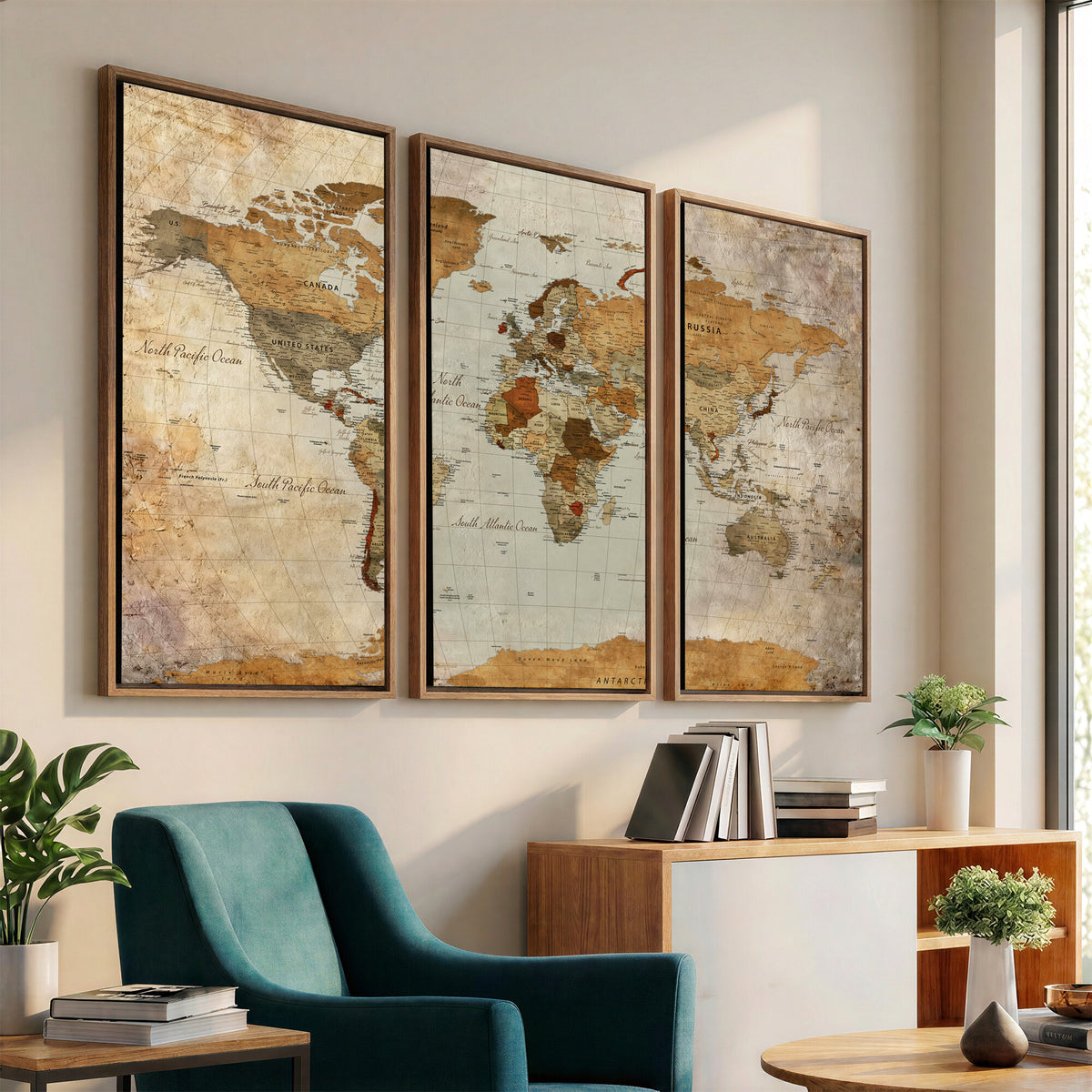 74176056-MGV-CV-36X24 - World Map Wall Art Canvas Print, Modern Decorative Framed Map Artwork Prints for Living Room, Office, Bedroom Wall Decor