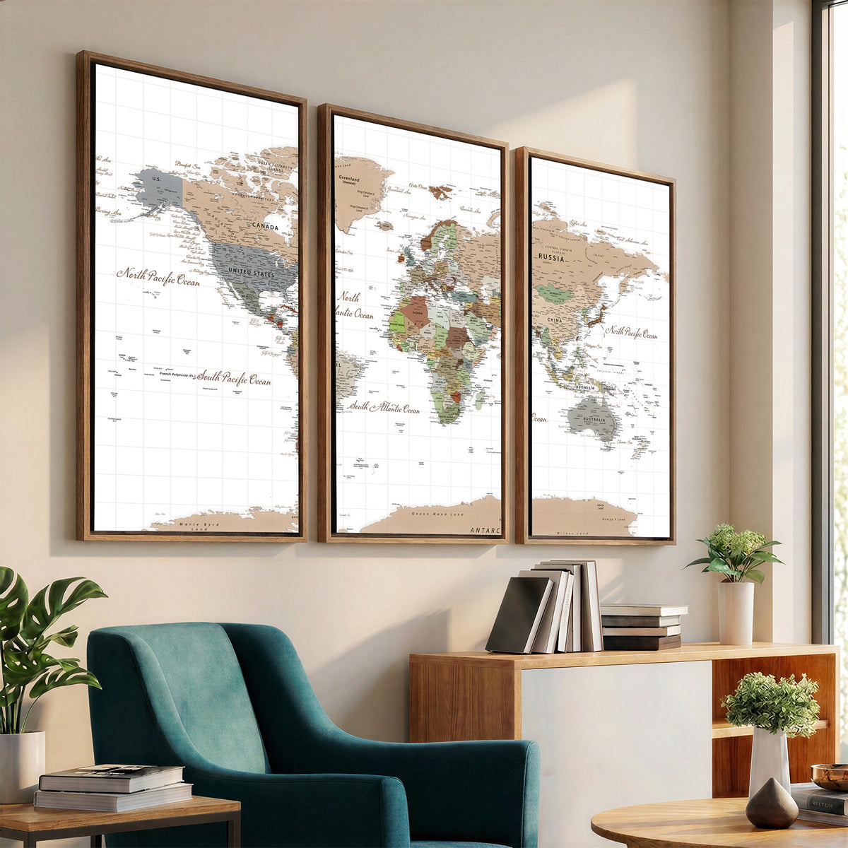 91286788-MGV-CV-36X24 - World Map Wall Art Canvas Print, Modern Decorative Framed Map Artwork Prints for Living Room, Office, Bedroom Wall Decor
