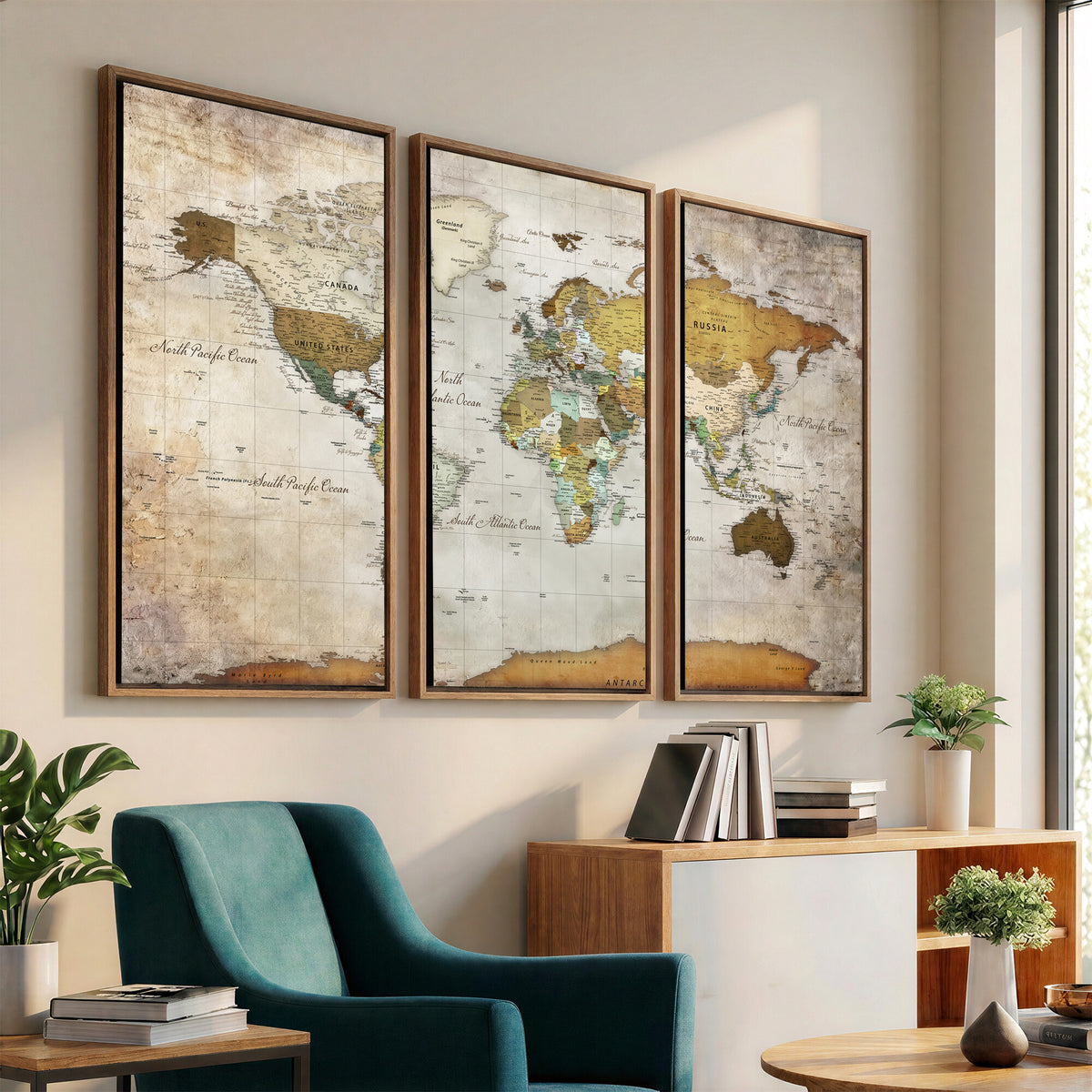 86108417-MGV-CV-36X24 - World Map Wall Art Canvas Print, Modern Decorative Framed Map Artwork Prints for Living Room, Office, Bedroom Wall Decor