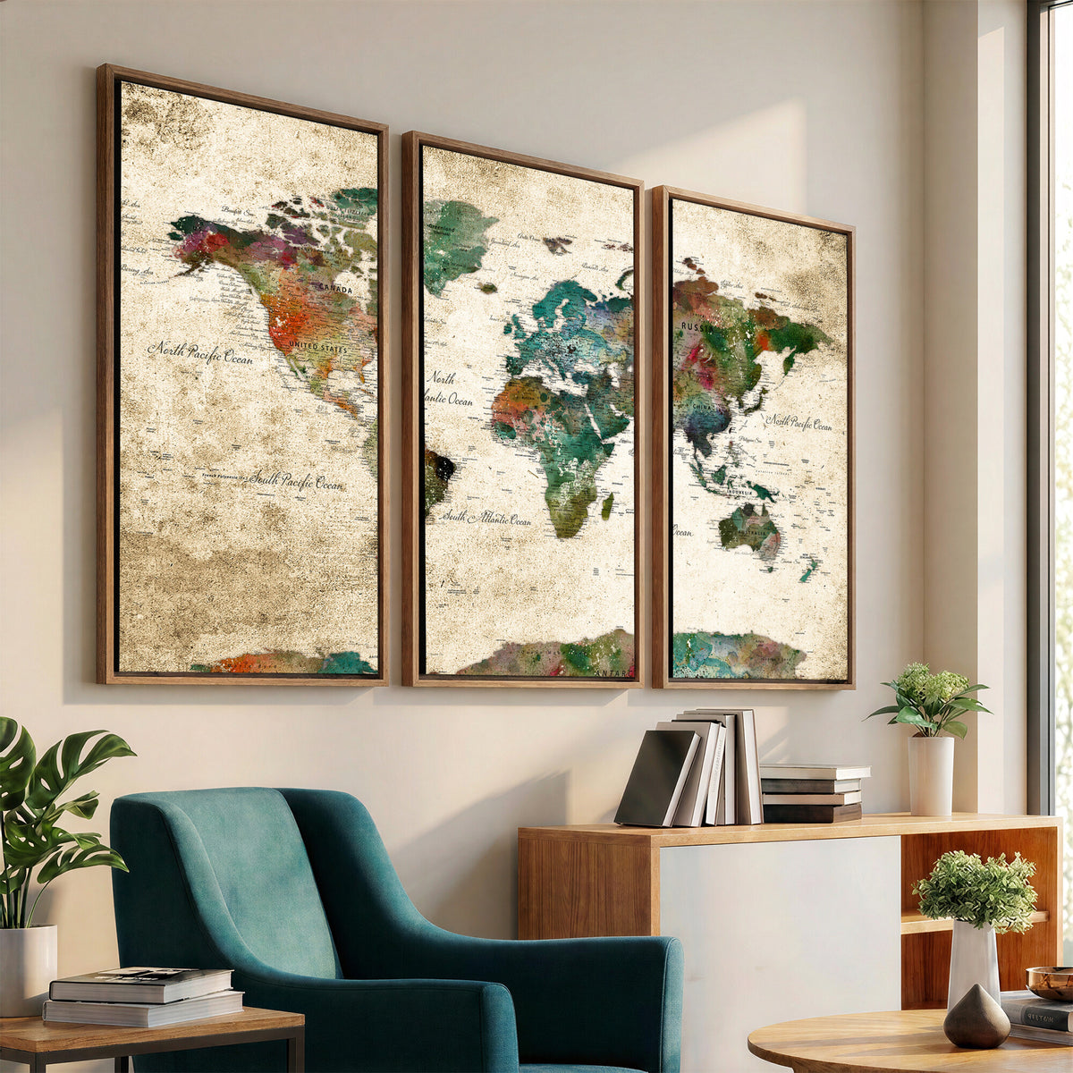 87544591-MGV-CV-36X24 - World Map Wall Art Canvas Print, Modern Decorative Framed Map Artwork Prints for Living Room, Office, Bedroom Wall Decor
