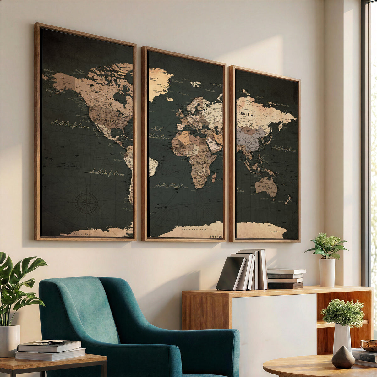 62059333-MGV-CV-36X24 - World Map Wall Art Canvas Print, Modern Decorative Framed Map Artwork Prints for Living Room, Office, Bedroom Wall Decor