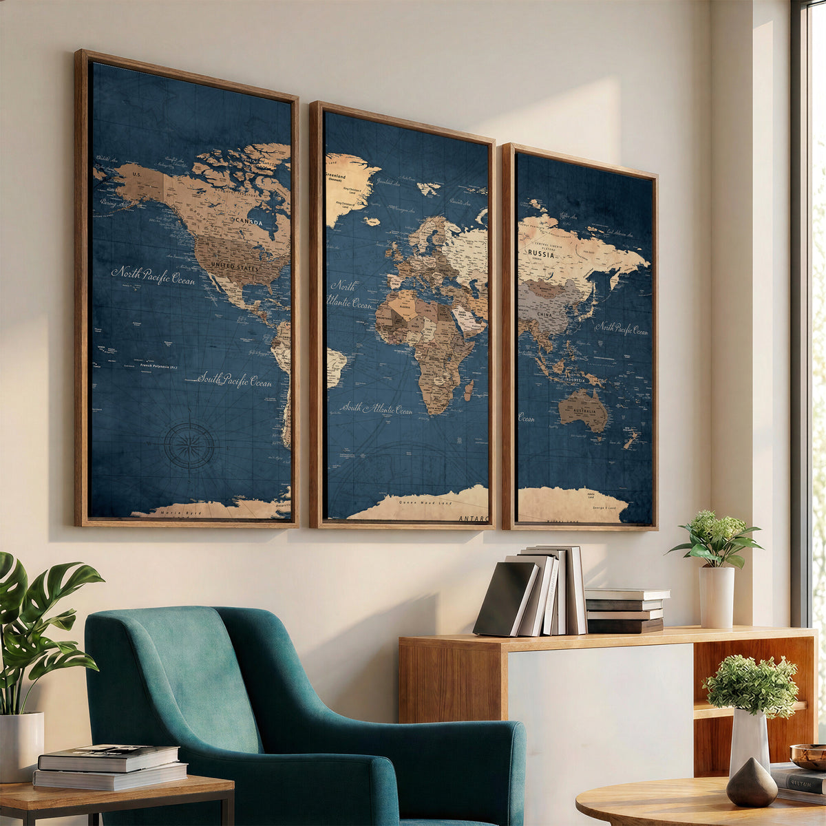 69886352-MGV-CV-36X24 - World Map Wall Art Canvas Print, Modern Decorative Framed Map Artwork Prints for Living Room, Office, Bedroom Wall Decor