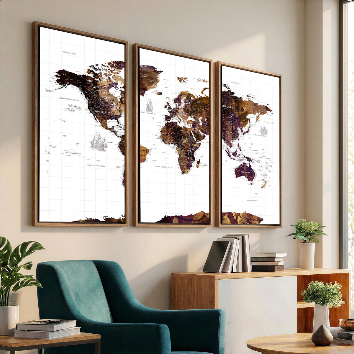 34792695-MGV-CV-36X24 - Rustic World Map Wall Art Canvas Print | Large Vintage Blue World Map on Wood Grain Style Background